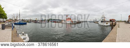 Panoramic Picture Of The Harbor Of The German Village Laboe At The Baltic Sea In Summer