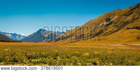 A Meadow In The Ahuriri Valley, Surrounded By Mountains On A Sunny Day, Mackenzie Country, Canterbur