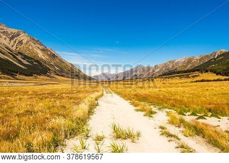 The Ahuriri Track, In The Conservation Park, Leading Through A Grassland Valley, Mackenzie Country, 