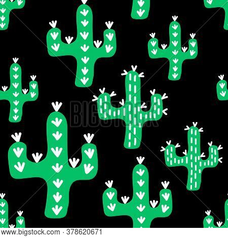 Vector Seamless Pattern With Hand Drawn Cactuses . Design For Fabric, Poster, Card, Textile