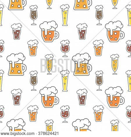 Beer Types Colorful Seamless Pattern Design. Beer Glasses For Ale, Weizen, Pint And Mug, Cute Vector