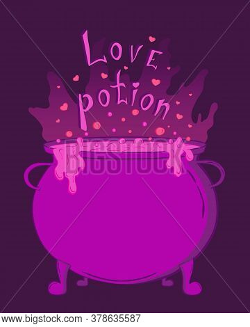 Magic Cauldron With Love Potion. Cute Pink Halloween Sticker For Your Design, Banner, Cover, Poster.