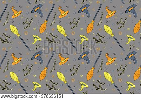 Witchs Equipment Seamless Pattern. Vector Halloween Illustration With Witchs Hat, And Broom. Hand Dr