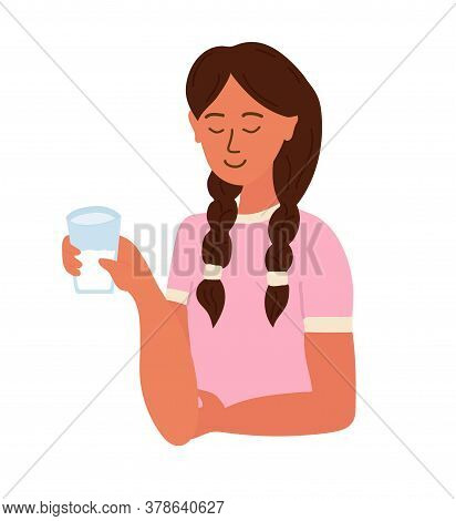 Girl Holding A Glass Of Milk In Her Hands. She Is Smiling. Favourite Drink. Happy Chilhood. Cartoon 
