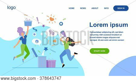 Customers Celebrating Sale. People Holding Gift, Credit Card, Loudspeaker, Dancing, Having Fun. Vect