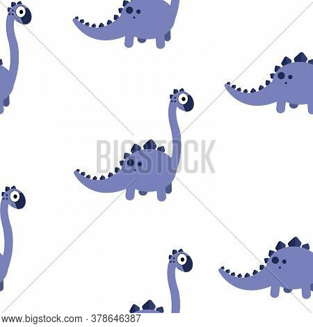 A Seamless Pattern With Cute Blue Dinosaurs. Diplodocus.