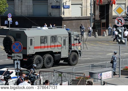Moscow, Russia - June 24, 2020: Car Kamaz Of The Russian Guard Goes On Okhotny Ryad In Moscow