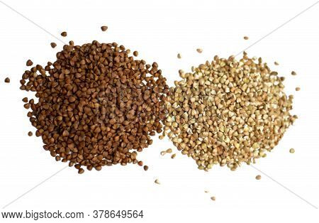 Roasted And Unroasted Buckwheat On A White Background
