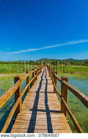 Wooden Path In Nature Park Vrana Lake (vransko Jezero), Dalmatia, Croatia, Beautiful Landscape In Su