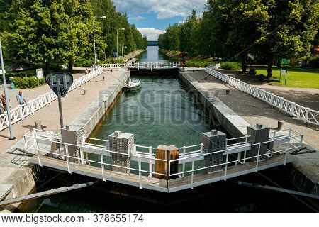 Asikkala, Finland - 16 July 2020: Vaaksy Canal Between Two Big Lakes Vesijarvi And Paijanne. Gateway