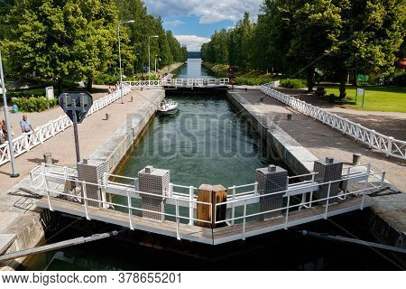 Asikkala, Finland - 16 July 2020: Vaaksy Canal Between Two Big Lakes Vesijarvi And Paijanne. Gateway