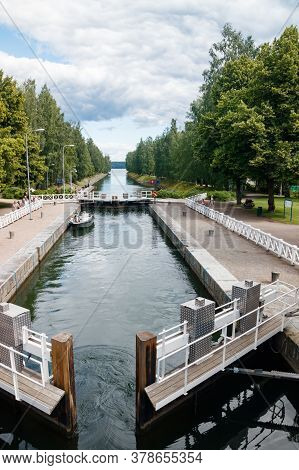 Asikkala, Finland - 16 July 2020: Vaaksy Canal Between Two Big Lakes Vesijarvi And Paijanne. Gateway
