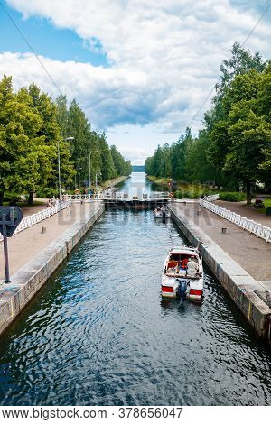 Asikkala, Finland - 16 July 2020: Vaaksy Canal Between Two Big Lakes Vesijarvi And Paijanne. Gateway