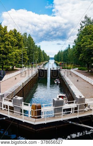 Asikkala, Finland - 16 July 2020: Vaaksy Canal Between Two Big Lakes Vesijarvi And Paijanne. Gateway