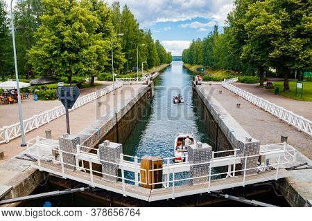 Asikkala, Finland - 16 July 2020: Vaaksy Canal Between Two Big Lakes Vesijarvi And Paijanne. Gateway
