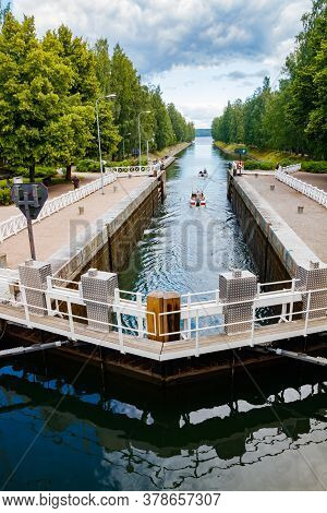 Asikkala, Finland - 16 July 2020: Vaaksy Canal Between Two Big Lakes Vesijarvi And Paijanne. Gateway