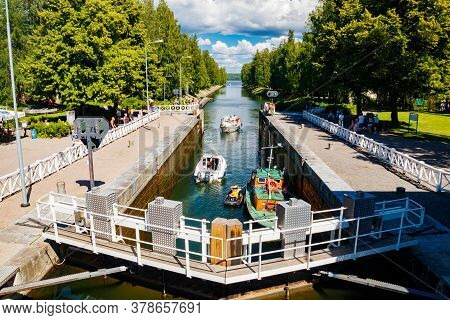 Asikkala, Finland - 16 July 2020: Vaaksy Canal Between Two Big Lakes Vesijarvi And Paijanne. Gateway