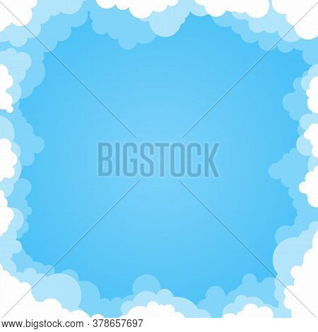Abstract Cartoon Cloud Background Frame With Blue Gradient Sky In Flat Style. Fluffy Heaven Cloudy B