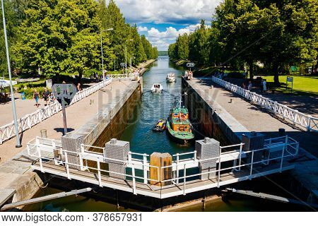 Asikkala, Finland - 16 July 2020: Vaaksy Canal Between Two Big Lakes Vesijarvi And Paijanne. Gateway