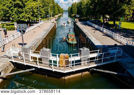 Asikkala, Finland - 16 July 2020: Vaaksy Canal Between Two Big Lakes Vesijarvi And Paijanne. Gateway