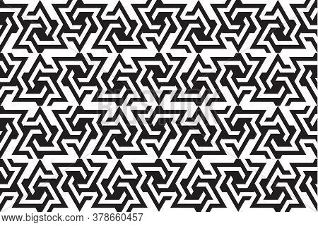 Vector Triangle Maze Pattern, Seamless Black And White Textile Ornate Background,