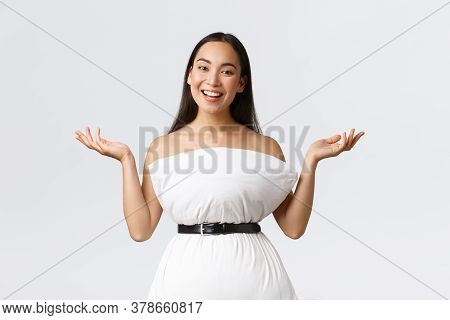 Gorgeous Smiling And Creative Asian Woman Create Dress From Pillow Cinching With Belt Around Waste R