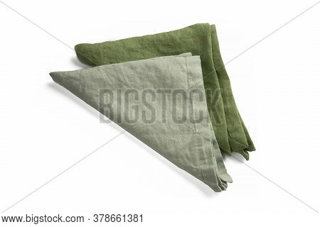 Two Green Linen Organic Raw Cotton Serving Napkin Or Kitchen Towelette Or Towel Triangle Form Folded