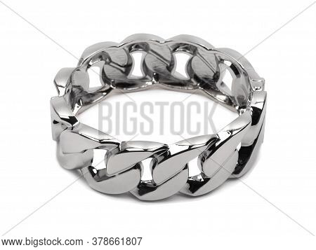 Women`s Wrist Bracelet Of Steel On White Background