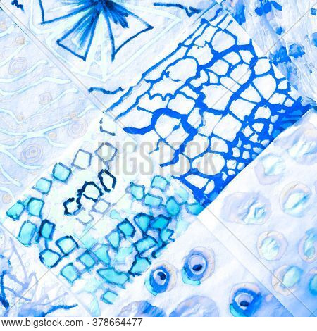 Sky Artistic Print. Marble Ice Pattern. Tye Die Maritime Blue Motif. Space Blue Oriental Art. Ice Or