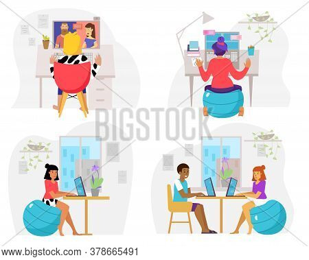 Home Working People Set. Woman And Couple Characters Concepts.