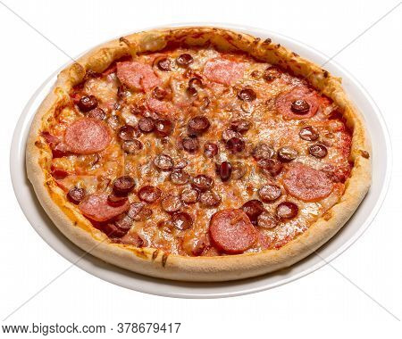 Pizza Is Super Meat Thin Cake, Tomato Sauce, Beef Balyk, Ham, Bacon, Hunting Sausages, Italian Salam