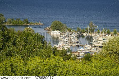 The Boats In The Marina On Lake Ontario Viewed From Above At Bluffers Point, Scarborough, Ontario, C