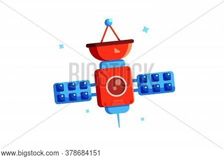 Modern Colorful Satellite With Solar Pannels And Antennas Isolated On White Background, Flat Illustr