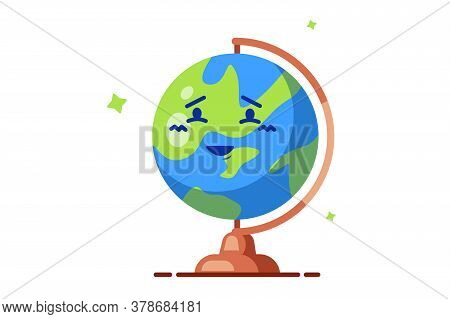 Earth Globe With Cheerful Emotion And Stand Isolated On White Background, In Flat Style.