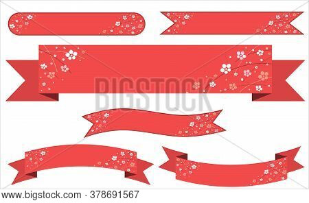 Set Of Japanese Style Red Banners Decorated With Plum Blossoms Drawn On A White Background.japanese 