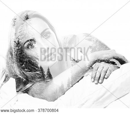 Portrait Of Pretty Young Woman Awaking After Sleep, Double Multiple Exposure Effect,combined Images