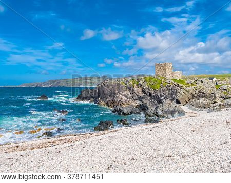 Aerial View Of The Beautiful Coast Next To Carrickabraghy Castle - Isle Of Doagh, Inishowen, County 