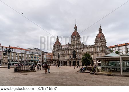 Corunna, Spain - July 20, 2020: View Of Maria Pita Square. Corunna Is Famous Touristic City Of Galic
