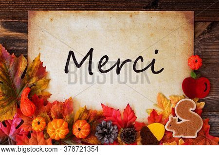 Old Paper With Merci Means Thank You, Colorful Autumn Decoration