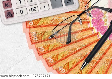 100 Sri Lankan Rupees Bills Fan And Calculator With Glasses And Pen. Business Loan Or Tax Payment Se