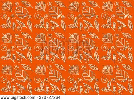 Vector Autumn Seamless Pattern, Leaves On Orange Background, Outline Leaves, Line Art, Outline Illus