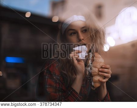 Young Pretty Woman Eat Fast Food. Woman Model. Fast Food.