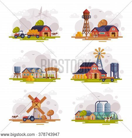 Farm Scenes Set, Autumn Rural Landscape, Agriculture And Farming Concept Cartoon Vector Illustration