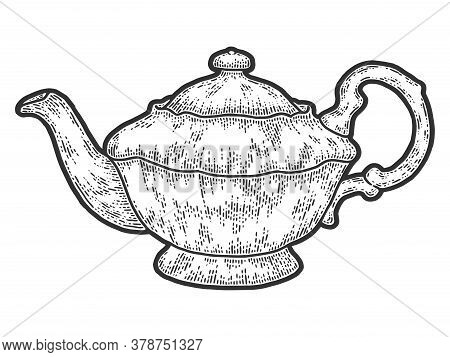 Teapot Vintage. Sketch Scratch Board Imitation. Black And White.