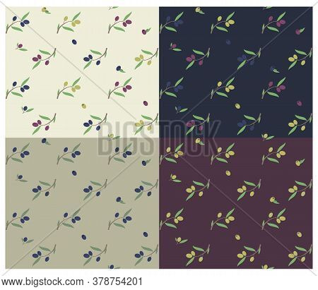 Seamless Pattern With Olives. Four Different Colors. Pattern With Olive Branch. Vintage Texture. Ret