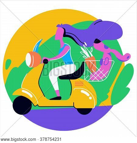 A Woman With A Dog Riding A Scooter. Plant And Dog In A Basket. Girl Driver. Hair In The Wind. They 