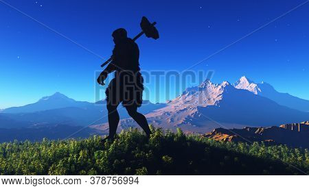 Primitive man walking on the grass on a sunset.,3d render