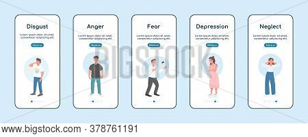 Negative Emotions Onboarding Mobile App Screen Flat Vector Template. Mental Health Problem. Walkthro