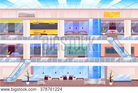 Shopping Center Flat Color Vector Illustration. Large City Mall 2d Cartoon Interior With Multiple Fl