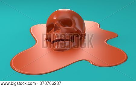 A Sylised Concept Of A Melting Red Human Skull Into A Puddle Of Liquid On An Aqua Background - 3d Re